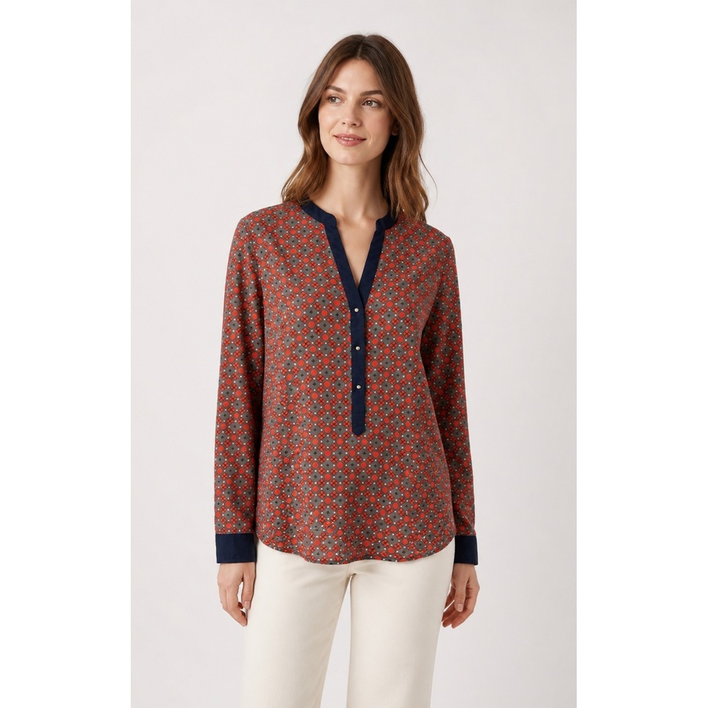 Banana Republic Popover Blouse Womens‎ Small Petite Red Brown Blue Polyester